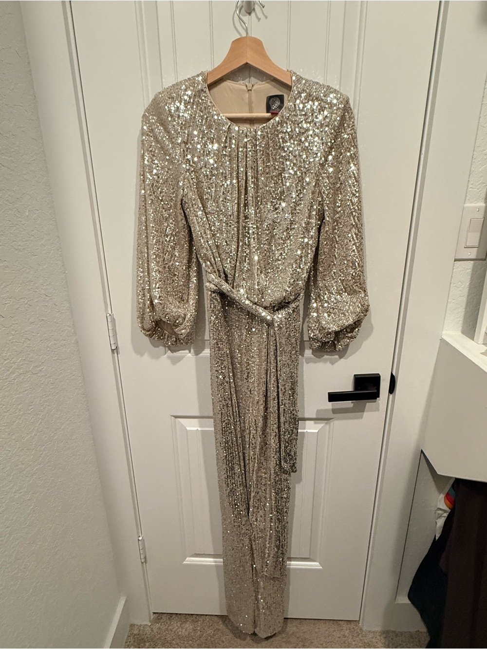 Vince Camuto Champagne Sequin Long-Sleeve Gown with Tie Waist